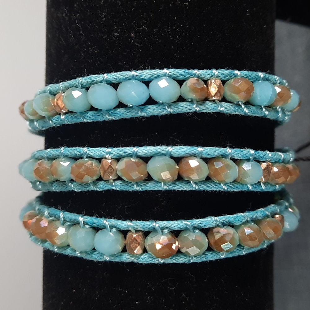 Aqua Gold Beaded Wrap Bracelet Adjustable Button Closure Boho Casual